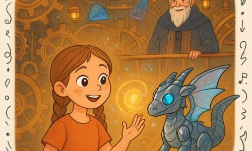 Una niña de 10 años, Aina, rostro redondo, cabello castaño claro en trenzas, ojos grandes y asombrados, expresión alegre y concentrada, toca con la mano derecha una esfera luminosa flotante; un pequeño dragón metálico llamado Lúmidor, tamaño de un gato grande, cuerpo en placas de metal pulido, alas translúcidas irisadas y ojos azul luminoso, vuela a la altura del hombro observando con benevolencia; el Maestro Orbán, hombre de unos 70 años con barba blanca trenzada y túnica de tecnomante bordada con runas de cobre, sonríe orgulloso desde una pasarela detrás; la escena tiene lugar en una sala circular de engranajes dorados gigantes con conductos de cobre, faroles de filamento y puzzles geométricos luminosos flotantes; ambiente science-fantasy con partículas de luz azul, notas musicales visibles como cintas de color y hologramas estelares en el techo oscuro; acción principal: Aina activa una puerta de engranajes resolviendo un puzzle luminoso y la luz asciende en espiral a su alrededor y del dragón, mostrando movimiento y asombro; paleta: tonos cálidos cobre y oro con acentos neón azul y violeta y contrastes suaves para un aspecto infantil y mágico.
