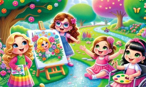 Cuatro niñas de ocho años están alegres en un parque en plena floración primaveral. Clara, con cabello castaño y gafas redondas, sonríe sosteniendo un gran dibujo de flores coloridas. Sofía, con cabello rubio y rizado, levanta los brazos riendo, rodeada de mariposas que vuelan a su alrededor. Valentina, con cabello castaño y un bonito vestido rosa, está sentada en su silla de ruedas, sosteniendo una paleta de pintura llena de colores vivos. Ana, con cabello negro y liso, está agachada, observando atentamente un árbol cargado de manzanas. El parque es un lugar mágico, lleno de flores brillantes, grandes árboles verdes y un pequeño arroyo que serpentea por la hierba. Los pájaros cantan alegremente en las ramas y el cielo es de un azul brillante, salpicado de algunas nubes blancas esponjosas. Las cuatro amigas celebran el inicio de la primavera organizando una búsqueda del tesoro, buscando pistas escondidas entre las flores y los árboles, riendo y compartiendo momentos de alegría y creatividad.