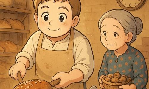 Bas, een glimlachende, geconcentreerde man met lichte huid en wat bloem op zijn neus, draagt een beige meelvlekken schort en schuift met een grote houten schep een lang roggebrood in een open roodstenen oven; mevrouw Eend, een ongeveer 40-jarige vrouw met grijs haar in een knot en een bloemenjurk, houdt een mandje met noten en kijkt rechts naar Bas, terwijl Muisje, het grijze muisje met ronde zwarte ogen, nieuwsgierig op een houten weegschaal naar het brood reikt; het vindt plaats in een knusse houten bakkerij met warme muren, ochtendgouden licht, houten rekken vol broden, meel in de lucht, zonnestralen die meeldeeltjes tonen en een grote ronde klok die vroeg in de ochtend aangeeft — warme, levendige sfeer, zachte contrasten, eenvoudige expressieve manga-stijl voor kinderen.