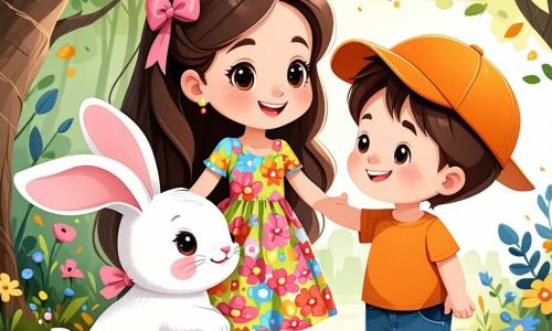 Una bambina di 6 anni, Sofia, con lunghi capelli castani raccolti in due belle trecce, indossa un vestito colorato a fiori e mostra un grande sorriso di meraviglia. Si sta avvicinando a un adorabile coniglietto bianco con un piccolo fiocco rosa attorno al collo, che sembra felice e curioso. Accanto a lei, il suo amico Luca, un ragazzo di 6 anni con un cappello arancione e occhiali da sole, ride tenendo un pallone rosso, mentre Giulia, una bambina di 5 anni con trecce bionde, tiene un pacchetto regalo con un grande fiocco blu, gli occhi brillanti di eccitazione. La scena si svolge in un giardino soleggiato, pieno di fiori colorati e palloni fluttuanti, con un grande tavolo decorato di dolci e prelibatezze, sotto un cielo azzurro chiaro punteggiato di alcune nuvole bianche. Sofia e i suoi amici stanno festeggiando il suo compleanno, circondati da risate e giochi, mentre il coniglietto magico salta felice, portando un tocco di magia a questa giornata speciale.