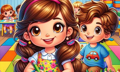 Una bambina di 5 anni, Sofia, con lunghi capelli castani intrecciati e un grande sorriso, è seduta al suo banco in una classe colorata. Indossa un vestito a fiori e tiene una matita colorata, pronta a disegnare. I suoi occhi brillano di eccitazione e entusiasmo. Accanto a lei, un bambino di 5 anni di nome Luca, con capelli castani arruffati e una maglietta blu con un'auto rossa, guarda Sofia con un sorriso amichevole. Anche lui tiene una matita e sembra impaziente di iniziare a disegnare. La classe è luminosa e accogliente, con pareti decorate da disegni di animali e alberi. C'è un grande tappeto colorato al centro, dove altri bambini sono seduti, e una biblioteca piena di libri colorati sullo sfondo. La scena principale mostra Sofia e Luca intenti a disegnare insieme, circondati dai loro compagni, tutti sorridenti e impegnati nell'attività, creando un'atmosfera gioiosa e amichevole di inizio anno scolastico.