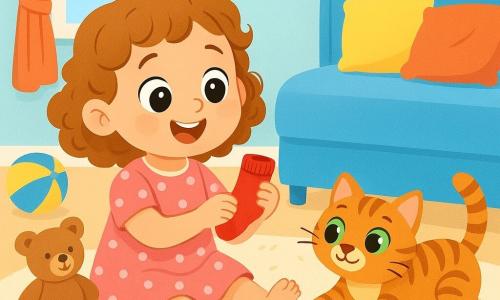 Una bambina di 2 anni, con grandi occhi brillanti e capelli ricci, è seduta per terra, sorridente e curiosa. Indossa un vestito rosa a pois e tiene in mano un piccolo calzino rosso, con un'espressione di gioia ed eccitazione sul volto. Accanto a lei, un gatto tigrato, Micio, con occhi verdi scintillanti, è sdraiato su un tappeto soffice, mentre gioca con un gomitolo di lana. Guarda la bambina con un'aria birichina. La scena si svolge in una stanza luminosa, con pareti dipinte di blu pastello, giocattoli sparsi sul pavimento e un grande letto con cuscini colorati. Una finestra lascia entrare la luce del sole, illuminando la stanza con un dolce calore. La bambina e Micio sono in piena indagine, cercando il calzino rosso scomparso, circondati da giocattoli e peluche, creando un'atmosfera gioiosa e ludica.