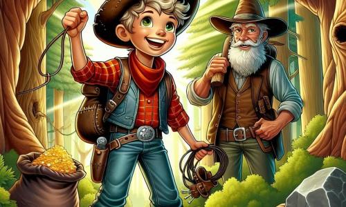 Een jonge cowboy, Jake, 11 jaar oud, staat in het midden van de afbeelding met een grote glimlach op zijn gezicht. Hij draagt een versleten cowboyhoed, een rood geruit shirt en een leren vest, evenals denim broek. Zijn ogen stralen van opwinding en avontuur terwijl hij een schatkaart in de ene hand en een lasso in de andere vasthoudt, klaar om op zoek te gaan naar goud. Naast hem staat een oude mijnwerker van ongeveer 60 jaar met een lange witte baard en een strohoed, die Jake bewonderend aankijkt. Hij houdt een houweel in de ene hand en een klein leren zakje vol goudklompjes in de andere hand, iets op de achtergrond als een mentor. Op de achtergrond strekt zich een dichte en mysterieuze bos uit, met majestueuze bomen en levendige groene bladeren. Stralen zonlicht doorbreken het loof en verlichten het pad dat Jake gaat volgen. De scène toont Jake, vol moed en enthousiasme, klaar om het bos in te gaan op zoek naar de legendarische goudmijn, terwijl de mijnwerker hem aanmoedigt, wat de overdracht van de avontuurlijke geest van de ene generatie op de andere symboliseert.