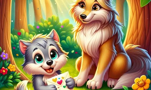 Un pequeño lobo llamado Lupi, con un suave pelaje gris y ojos chispeantes de alegría, está sentado bajo un gran árbol, sosteniendo una carta colorida en sus patas delanteras. Tiene una gran sonrisa en su rostro, llena de emoción y amor. A su lado, su mamá, una hermosa loba de pelaje marrón dorado, mira la carta con ojos brillantes de emoción, con una sonrisa tierna en sus labios. Ella está sentada sobre la hierba verde, rodeada de flores coloridas. El lugar es un encantador rincón del bosque, bañado por la luz del sol que filtra a través de las hojas, creando sombras danzantes en el suelo. Flores de colores vivos, como rojas, amarillas y violetas, salpican el suelo, añadiendo un toque de magia a la escena. La situación principal muestra a Lupi ofreciendo su carta a su mamá, celebrando el Día de la Madre con amor y ternura, en un ambiente alegre y cálido.