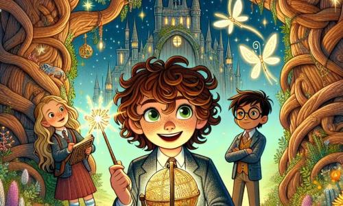 Al centro dell'immagine, un giovane apprendista stregone di nome Leo, un ragazzo di nove anni con capelli ricci e castani, occhi verdi pieni di eccitazione, tiene una bacchetta magica scintillante. Ha un ampio sorriso sul volto, che mostra la sua determinazione ad affrontare l'avventura che lo attende. Accanto a lui, Emma, una ragazza con lunghi capelli biondi, anch'essa di nove anni, osserva attentamente un vecchio mappamondo che tiene tra le mani, i suoi occhi brillano di curiosità. Marco, un ragazzo con capelli castani e occhiali tondi, si trova un po' indietro, con le braccia incrociate e un sorriso malizioso, pronto a fare uno scherzo mentre guarda i suoi amici. Il contesto è una foresta incantata, dove alberi con tronchi spessi e nodosi si ergono alti nel cielo, le loro foglie scintillano sotto la luce del sole. Fiori colorati e creature magiche, come fate e lucciole, danzano intorno a loro, aggiungendo un tocco di magia all'ambiente. La situazione principale mostra Leo, Emma e Marco che scoprono una porta di pietra antica decorata con simboli magici, da cui emana una luce misteriosa. Sono sul punto di entrare in un mondo fantastico, pronti a affrontare la sfida della magia e a scoprire il segreto delle Tre Scuole.