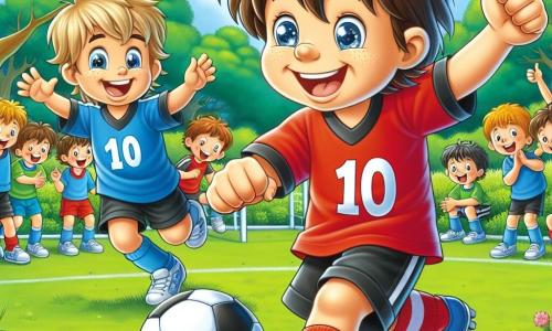 Un ragazzo di 10 anni di nome Marco, con capelli castani arruffati e occhi scintillanti di gioia, sta dribblando un pallone da calcio su un campo verde. Indossa una maglietta rossa con il numero 10, pantaloni neri e scarpe bianche, mostrando un grande sorriso di eccitazione. Accanto a lui, Luca, un ragazzo di 11 anni con capelli biondi e occhi blu, lo incoraggia con un pollice in su. Indossa una maglietta blu e pantaloni abbinati, pronto a ricevere il passaggio di Marco. Sullo sfondo, un gruppo di bambini di circa 10 anni si riunisce attorno a un grande albero, ridendo e applaudendo, creando un'atmosfera gioiosa e amichevole. Il luogo è un parco soleggiato, con alberi verdi, fiori colorati e un cielo blu, dove l'erba è ben curata e il campo da calcio è delimitato da linee bianche. La scena principale mostra Marco in azione, dribblando il pallone con agilità, pronto a segnare, mentre i suoi amici lo incoraggiano, illustrando lo spirito di squadra e la camaraderia in questo momento di gioco.