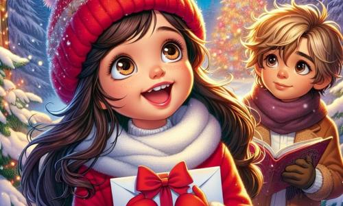 Una bambina di 7 anni, Sofia, con lunghi capelli castani e occhi brillanti di curiosità, si trova al centro dell'immagine, sorridente e piena di entusiasmo. Indossa un bel cappotto rosso vivo, un berretto di lana e guanti abbinati, tenendo una lettera avvolta in un nastro rosso. Accanto a lei, un ragazzino di 8 anni, Luca, con capelli biondi disordinati e un volto dolce, guarda Sofia con occhi meravigliati, tenendo un libro di fiabe tra le mani. Sullo sfondo, una foresta incantata è coperta da un spesso manto di neve scintillante, con alberi maestosi decorati con festoni luminosi e un grande albero di Natale illuminato che brilla in lontananza. La scena rappresenta Sofia e Luca che scoprono insieme la magia del Natale, circondati da un'atmosfera calorosa e festosa, con fiocchi di neve che cadono dolcemente dal cielo.