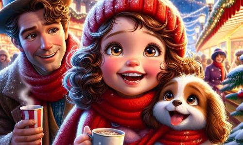 A 5-year-old girl named Lily, with shiny brown curls and a big smile, wears a red scarf that dances around her neck. She has sparkling eyes filled with excitement and looks around in wonder, holding a small brown and white puppy named Snowy in her arms, who wags his tail joyfully. Next to her is a man in a funny hat, her father, about 30 years old, with a soft beard and round glasses, smiling at his daughter while holding a steaming cup of hot chocolate. Her mother, a woman around 28 with curly hair and a scarf matching Lily's, stands a bit further away with a worried look on her face, searching for her daughter in the crowd. The scene takes place in a magical Christmas market, filled with twinkling lights, colorful stalls selling treats, and large trees decorated with sparkling garlands. Snowflakes gently fall from the sky, adding a magical touch to the atmosphere. Lost in the crowd, Lily stands in the middle of the market, surrounded by children's laughter and the smell of hot chocolate, desperately searching for her parents, but her heart lights up with joy when she meets Snowy, the little puppy, who becomes her new friend.