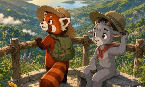 Main character Lina, a small anthropomorphic red panda with bright eyes and fine whiskers, wearing a wide beige straw hat and a green backpack, rests a paw on a worn wooden railing and gazes at the horizon; secondary character Milo, a young anthropomorphic ibex with short horns and soft gray fur, sits beside her on a stone bench holding an oversized hat, both bathed in golden morning light with a gentle breeze, on a light stone lookout with wildflowers and tall grass, overlooking three green valleys, a distant shimmering lake and low pale clouds, calm luminous atmosphere suggesting wonder after a small resolved quarrel, composition centered on Lina and Milo in the foreground with the vast landscape behind.