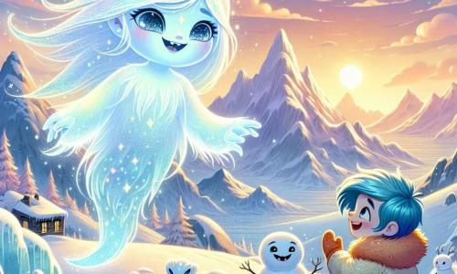 Auf dem Gipfel des Glimmertop-Berges schwebt ein Geist namens Lumi anmutig, mit einem warmen Lächeln und funkelnden Augen vor Freude. Sie hat ein durchscheinendes Aussehen, übersät mit kleinen Sternen, und ihre langen Haare wehen wie Lichtfäden. Lumi streckt die Hand zu einem kleinen Eiswesen, Flix, einem Jungen mit leuchtend blauen Haaren und rosigen Wangen, der lachend einen Schneemann baut. In der Nähe beobachtet ein großer Eisdrachen mit schimmernden Schuppen und leuchtenden Augen die Szene mit einem staunenden Lächeln. Er sitzt auf einem schneebedeckten Felsen, seine großen Flügel angelegt, während er die Freundschaft zwischen Lumi und Flix bewundert. Die Kulisse ist bezaubernd: majestätische Berge mit schneebedeckten Gipfeln erheben sich im Hintergrund, während sanfte Schneeflocken um sie herum fallen und eine magische Atmosphäre schaffen. Der Himmel ist in Pastellfarben getönt, mit einer untergehenden Sonne, die die Szene in goldenem Licht erstrahlen lässt. In dieser Illustration teilen Lumi und Flix einen Moment des Glücks, umgeben von der Schönheit der winterlichen Landschaft, die die Freundschaft und Magie symbolisiert, die fantastische Kreaturen vereint.