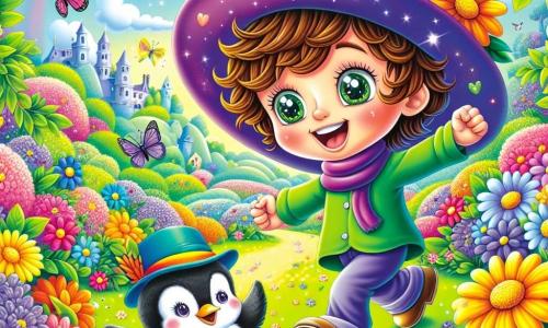 Ein 9-jähriger Junge namens Max mit zerzausten braunen Haaren und neugierigen Augen trägt einen großen lila Hut, der in der Sonne glänzt. Er tanzt fröhlich in einem bunten Garten, umgeben von leuchtenden Blumen und schwirrenden Schmetterlingen, mit einem breiten Lächeln im Gesicht, das ansteckende Freude ausstrahlt. Neben ihm wackelt ein kleiner Pinguin namens Percy mit einem weißen Bauch und einem schwarzen Rücken, der einen bunten Schal um den Hals trägt. Er bewegt sich im Takt, seine kleinen Flügel schlagen begeistert, während er Max bewundernd anschaut. Der Garten ist ein zauberhafter Ort, gefüllt mit bunten Blumen, grünen Sträuchern und majestätischen Bäumen unter einem blauen Himmel mit fluffigen Wolken. Vögel singen in den Ästen und Bienen summen um die Blumen. Die Hauptsituation zeigt Max und Percy, die zusammen tanzen und eine festliche, magische Atmosphäre schaffen, begleitet von Lachen und fröhlichen Bewegungen, während die Tiere im Garten sie bewundernd beobachten.