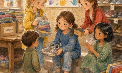 Four 8-year-old girls in a warm community center: Maya, brown pigtails and freckled, sits center on a step holding a pair of worn gray sneakers with pink stripes she has just tried on and placed on the exchange shelf; Zoe, blond ponytail in a bright yellow jacket, stands left smiling with a bag of clothes to donate; Lina, short black hair in a green floral dress, sits right, quietly clapping; Ava, braided brown hair and pale skin, stands slightly behind to the right offering a small box of crayons. Beige brick walls, a large wooden table stacked with books and boxes labeled 