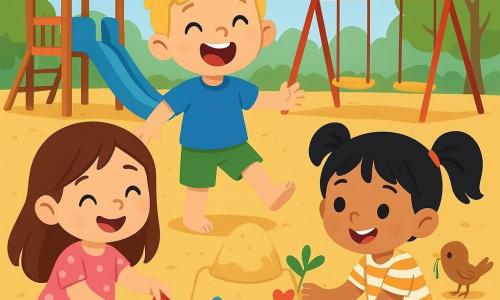 Há 3 personagens: - Maria: uma menina de 4 anos com cabelos longos e castanhos, vestindo um vestido rosa com bolinhas brancas. Ela está sentada no chão, sorrindo, misturando areia com uma pequena pá. - Lucas: um menino de 4 anos com cabelos loiros bagunçados, usando uma camiseta azul e um short verde. Ele está em pé, empurrando areia com os pés, rindo muito. - Inês: uma menina de 4 anos com cabelos negros em tranças, vestindo uma saia amarela e uma camiseta listrada. Ela está de joelhos, decorando o 