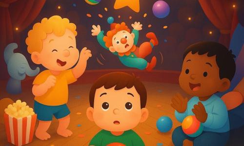 Há três personagens: Tom, menino de 2 anos, cabelos castanhos curtos, rosto redondo, sentado à frente, segurando um boné vermelho brilhante e olhando o picadeiro com admiração; Leo, menino de 2 anos, cabelos loiros encaracolados, sorriso largo, à esquerda de Tom, em ponta dos pés imitando um elefante e fazendo trom; Rui, menino de 2 anos, cabelos pretos lisos, bochechas rosadas, à direita de Tom, sentado no colo de um adulto fora de cena, aplaudindo e segurando uma pequena bola colorida. Local: grande tenda de circo, chão de madeira envernizada, pista circular vermelha com franja dourada, cortinas de veludo bordô abertas, confetes e balões no chão, luzes quentes e guirlandas brilhantes. Situação: os três observam um pequeno palhaço que cai fazendo uma careta engraçada no centro do picadeiro; bolas coloridas e uma grande estrela flutuante pairam acima; atmosfera doce, alegre e segura, cores saturadas e formas arredondadas.