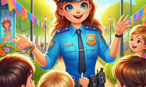 A smiling police officer, Officer Harper, stands at the center of the scene, wearing a bright blue uniform and a police hat. Her eyes sparkle with excitement and determination as she explains something to the children around her. To her right, a boy named Lucas, about 8 years old with messy brown hair and a red t-shirt, eagerly raises his hand, curious to learn more about the officer's work. To the left, a girl named Zoe, 9 years old with long braided blonde hair, listens attentively, her eyes wide open, ready to participate in the investigation. The setting is a sunny park with lush green trees, colorful banners fluttering in the wind, and festive stands decorated with balloons. The main situation shows Officer Harper gathering the children to solve a mystery: parade decorations have gone missing, and she invites them to become little detectives to help her find them.