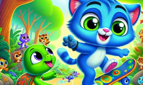 Lúcio, uma pequena criatura felina com pelagem azul e grandes olhos verdes brilhantes, está fazendo uma manobra incrível em seu skate, com um grande sorriso no rosto que mostra sua alegria e determinação. Ao lado dele, Tita, uma tartaruga com carapaça colorida e olhos brilhantes, o incentiva entusiasticamente, levantando suas patas no ar enquanto tenta manter o equilíbrio em seu próprio pequeno skate. Ao fundo, a floresta é cheia de árvores majestosas com folhas verdes vibrantes, flores coloridas e animais curiosos que observam com admiração. A cena captura o momento em que Lúcio e Tita se ajudam e se divertem juntos, ilustrando o espírito de equipe e a camaradagem em um ambiente alegre e vibrante.