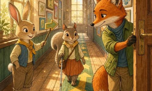 Fern the fox, main character, stands in the foreground with a gentle, focused face, shiny red fur and attentive eyes, holding a wooden door open with one paw and breathing calmly; Lark the squirrel, primary secondary character, walks down the center of the narrow school corridor—small, silky gray-brown fur, leaning on a thin white cane, serene and proud—following painted green and yellow one-way arrows on the wooden plank floor; Juniper the rabbit, small secondary character at left, beige with upright ears and a mischievous smile, points an arrow on the floor with a small wooden baton like a traffic officer; walls lined with framed colorful drawings, soft window light casting fine golden dust, warm orderly atmosphere; overall scene shows cooperation, respect and calm, visual style: clean ink lines, pastel watercolor flats, detailed wood and fur textures, composition focused on forward movement and mutual aid.