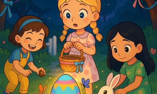 Three girls in a secret twilight garden: center an ~8-year-old blonde with braided hair in a pastel pink-dot dress holding a ribboned wicker basket, gazing in wonder at a large multicolored Easter egg; left a ~7-year-old brunette with short hair and blue headband in yellow overalls picking up a small chocolate egg, smiling; right an ~8-year-old with long black hair in a green floral dress gently stroking a white rabbit, protective posture. Green lawn dotted with tulips and daisies, trees with pastel ribbons, a partly open white wooden fence and a stone-paved path leading to a luminous clearing. Main scene: the three children form a semicircle around a stained-glass–like glowing Easter egg with colorful butterflies and floating golden lights, joyful magical atmosphere.