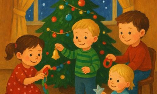Four children decorate a Christmas tree in a cozy living room at night: Mia, 4, brown hair in pigtails wearing a red polka-dot dress, crouches left of the tree assembling a paper garland and smiling as she presses a paper ring; Leo, 4, short blond hair in a green striped sweater, stands front-right of the tree ringing a small golden bell and smiling at the garland; Sam, nearly 4, brown hair in blue pants, sits on a small rolling chair at right, gently pushing it with his foot and handing a roll of tape to Mia; Ava, 2, fine blond hair in a light blue sweater, sits on or just in front of their father's knees holding a small silver star and looking at the branch where she'll hang it, amazed, with bell-toed socks. The dark green tree is decorated with red and gold baubles and softly blinking multicolored lights; a coffee table nearby holds a plate with a cookie, a carrot and a glass of milk, and snow falls outside the curtained windows, creating a warm, gentle atmosphere as the children finish decorating before bed.