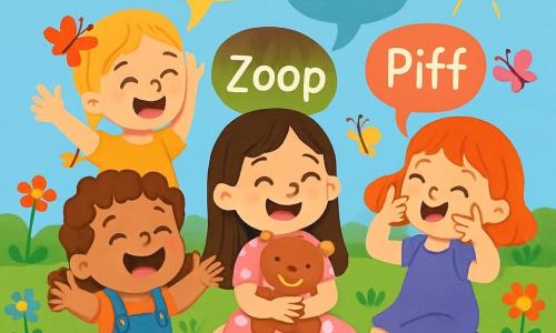 There are four children: - Lily: a 6-year-old girl with long brown hair, wearing a pink dress with white polka dots, sitting in the center, smiling and holding a teddy bear. - Daisy: a 5-year-old girl with braided blonde hair, dressed in a yellow tunic, to the left of Lily, raising her arms and laughing. - Rose: a 4-year-old girl with red hair, wearing a purple dress, to the right of Lily, making a funny gesture with her hands. - Poppy: a 3-year-old girl with curly brown hair, dressed in blue overalls, sitting on the ground in front of the others, laughing out loud. The setting is a sunny garden filled with colorful flowers, with butterflies flying around. There is a large green lawn where the children are sitting in a circle, surrounded by scattered toys like dolls and building blocks. The main scene shows the four sisters having fun creating their own secret language, laughing and exchanging funny words, with colorful speech bubbles floating around them, illustrating their amusing words.
