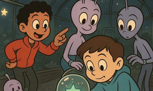Five characters: Milo, a 12-year-old boy with short brown hair, a chocolate smudge at his mouth, wearing a light blue sweatshirt, holding a clear plastic dome over a small glowing object at the center, leaning forward with a focused gentle face; Jayden, a 12-year-old boy with tanned skin and curly black hair, wearing a red jacket with crumbs on his knees, standing left of Milo with an arm extended to guide the little star, mischievous reassuring expression; Liri, a lavender-skinned alien with two long curved antennae, slim, wearing a small silver bracelet, right of Milo leaning toward a console, attentive kind gaze; Ocho, a lavender-skinned alien with long jointed arms and large bright eyes, behind Jayden pointing toward a row of floating stars with curious interest; Pemm, a smaller alien with short antennae and protective pad-hands, sitting on a bench at the rear left holding a piece of brownie near its mouth, delighted expression. Setting: nighttime glass dome greenhouse with curved reflective walls, dark gravel paths, rectangular soil beds, silver pipes and light panels on the walls, floating mini-stars above the beds, warm humid atmosphere with light mist and blue-green reflections. Main scene: Milo and Jayden gently guide a small unstable turquoise-glowing star with golden sparks captured under a plastic dome on a soil bed while the three aliens watch and help in a calm joyful rescue, expressions of relief, crumbs and empty cups on a nearby bench adding a cozy, convivial feel.