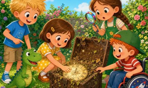 Four children: Mia, ~7, brown bob, yellow polka-dot dress, crouched center with hand on a shiny clock dial; Max, ~6, messy blond hair, blue tee, left, smiling and pointing at a small green dinosaur; Lily, ~7, long braids, green overalls, right, wide-eyed holding a colorful magnifying glass; Ben, ~6, red hair, green cap, in a shiny red wheelchair front right, laughing and touching the box. Scene: sunny garden with green grass and flowers, an old dust-covered wooden box open in the center under a blue sky. Main action: they discover a glowing magical clock and meet a friendly little dinosaur—bright colors, simple shapes, joyful, full of wonder.