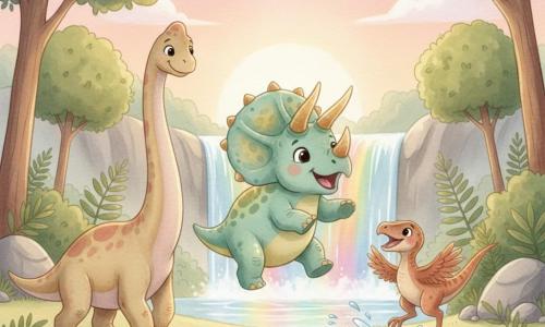 A joyful triceratops with three shiny horns and a spotted frill, mint-green skin with yellow hues, jumping with a big smile and sparkling round eyes; a friendly, gentle brachiosaurus with a long beige neck with pinkish tones walking slowly to the triceratops’s left and looking kindly; a playful small raptor with soft copper plumage leaping and splashing water to the triceratops’s right; a bright valley with tall ferns, rounded trees, smooth gray rocks and a glittering rainbow waterfall over clear, color-reflecting water at sunset; the three friends discovering and playing together in front of the waterfall, splashing and laughing in a soft, rounded composition with pastel, warm watercolor-like tones.
