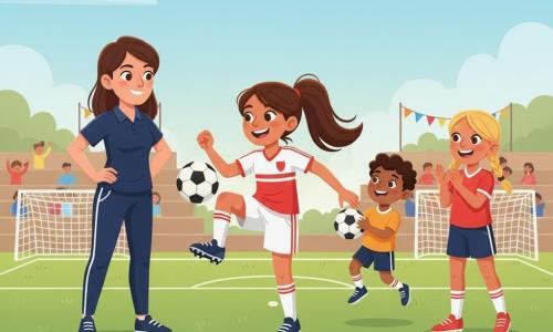 Valentina, niña de 11 años, está en el centro, feliz y decidida, con coleta castaña, uniforme de fútbol rojo y blanco y botas con tacos, haciendo malabares con el balón sobre la rodilla, postura dinámica y gran sonrisa; a la izquierda Ana Torres, entrenadora de 30–35 años, segura y cariñosa, con chándal azul oscuro, manos en las caderas, mirando a Valentina con orgullo junto al borde del campo; a la derecha Clara, niña de 11 años, entusiasta y admiradora, con trenzas rubias aplaudiendo, junto a Lucas, niño de ~7 años que salta de alegría con un balón; escenario: pequeño campo de club de día, césped verde vivo, líneas blancas, porterías con redes, gradas modestas y algunos espectadores estilizados, banderines coloridos y cielo azul con nubes; momento: encuentro inspirador, luz cálida, composición centrada, expresiones claras y colores saturados, estilo sencillo para libro infantil.