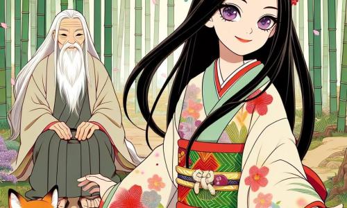 Yuki, een jonge vrouw van ongeveer 20 jaar met lange, glanzende zwarte haren, draagt een kleurrijke kimono versierd met bloesemmotieven. Ze heeft een nieuwsgierige blik en een warme glimlach terwijl ze in het midden van de illustratie staat met open armen, alsof ze de magie van het moment wil omarmen. Aan haar rechterkant zit een oude wijze met een lange witte baard en wijze ogen, gekleed in een eenvoudige beige linnen jurk, die haar vriendelijk observeert. Achter Yuki staat een kleine vos met levendige ogen en een rode vacht op zijn achterpoten, nieuwsgierig en ondeugend, alsof hij klaar is om mee te springen in haar avontuur. De plek is een betoverende open plek, omringd door hoge bamboes die zachtjes in de wind dansen, met bloesems die als roze sneeuwvlokken vallen, en een zachte zonnestraal die de scène verlicht. Yuki, vol enthousiasme, stelt een vraag aan de wijze, terwijl de vos naast haar ongeduldig lijkt te wachten op het antwoord, wat een sfeer van ontdekking en magie creëert.