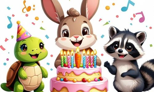 Un alegre conejito llamado Lolo, con un suave pelaje marrón, grandes orejas erguidas y ojos brillantes de felicidad, está en el centro de la escena, sonriendo entusiasmado mientras sostiene un gran pastel de zanahoria decorado con velas de colores. A su derecha, la tortuga Tula, con un caparazón verde y ojos traviesos, aplaude con alegría, mientras que a su izquierda, el mapache Miki, un pequeño roedor de pelaje gris y grandes orejas, salta de felicidad levantando los brazos. La escena tiene lugar en una sala de fiesta luminosa, decorada con globos multicolores flotando en el techo y guirnaldas brillantes en las paredes, con una gran mesa adornada con confeti y pequeños regalos. Lolo celebra su cumpleaños rodeado de sus amigos, listos para cantar "Feliz Cumpleaños" y disfrutar del delicioso pastel, creando un ambiente festivo lleno de risas y alegría.