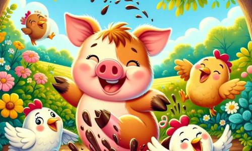 Um porquinho feliz chamado Pipo, com pelagem rosa e bochechas redondas, está no centro da cena, sorrindo amplamente e pulando em uma poça de lama, espirrando terra ao seu redor. À sua direita, um grupo de três galinhas com penas douradas e brancas, com olhos curiosos, riem e se agitam tentando não se sujar. Ao fundo, uma floresta verdejante com árvores de folhas brilhantes e flores coloridas, banhada pela luz do sol, cria uma atmosfera alegre e divertida. A cena representa o momento em que Pipo, em plena corrida, acaba de escorregar e cair na lama, enquanto seus amigos animais se divertem e riem ao seu redor, criando uma atmosfera de camaradagem e prazer.