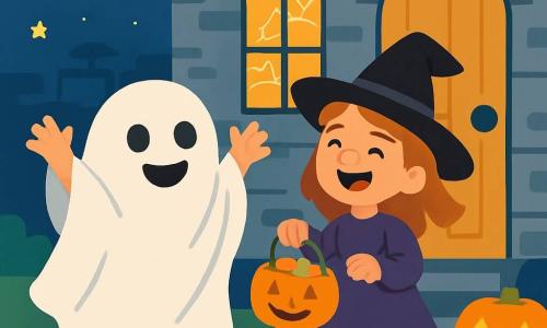 There are 2 main characters: - Lucy: an 8-year-old girl wearing a white sheet as a ghost costume, with round eyes and a big smile. She stands on the left, arms raised in excitement. - Mia: an 8-year-old girl dressed as a witch with a large black hat and a purple dress. She is to the right of Lucy, holding a small basket filled with candy and laughing joyfully. The setting is in front of a large old house with gray brick walls and windows adorned with cobwebs. Glowing pumpkins are placed on the porch, and brightly colored autumn leaves cover the ground. The moon shines in the starry sky, adding a magical atmosphere to the scene. The main situation shows Lucy and Mia, excited and smiling, knocking on the door of the house, ready to shout "Trick or treat!" to collect candy.