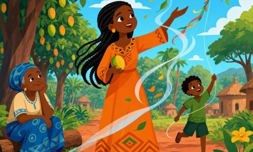 Amina, een vriendelijke glimlachende vrouw met warme bruine huid en zwarte gevlochten haren, draagt een lange oranje jurk met geometrische patronen, houdt een mango in één hand en strekt de andere naar de wind; een ongeveer zesjarige jongen, speels en verwonderd, met bruine huid en groene shirt laat achter haar rechts een kleurrijke vlieger los die omhoog gaat; links zit een ongeveer 60-jarige vriendelijke oude vrouw met een blauw wikkelrokje op een boomstam en kijkt liefdevol naar Amina; de wind is zichtbaar als doorschijnende witte en blauwe linten met meegevoerde blaadjes en bloemblaadjes; locatie: weelderig Afrikaans bospad met roodachtige aarde, grote bruine boomstammen, diepgroen loof, gele bloemen, mangobomen met vruchten en enkele hutten in de verte; scène: Amina spreekt zacht tegen de wind, linten draaien vrolijk om haar heen, de jongen laat de vlieger stijgen, de oude vrouw glimlacht — centrale compositie, warme kalme sfeer en levendige, contrasterende kleuren.