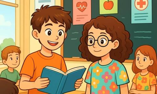 Un băiat de 12 ani, Andrei, cu părul castaniu și ochi strălucitori de curiozitate, stă în picioare într-o clasă luminoasă. Are un zâmbet cald și o expresie hotărâtă, ținând o carte deschisă în fața lui. Lângă el, o fată de 12 ani, Daria, cu părul creț și ochelari, se uită atent la carte, fața ei exprimând interes și concentrare. Poartă un tricou colorat cu modele de flori. Clasa este decorată cu postere educaționale despre sănătate, iar feroneriile lasă să intre lumina soarelui, iluminând birourile din lemn deschis. În fundal, o tablă neagră este plină de note colorate despre sănătate și bunăstare. Situația principală arată cum Andrei și Daria discută entuziast despre un proiect pe tema sănătății, înconjurați de colegi care ascultă cu atenție. Atmosfera este veselă și colaborativă, plină de energie pozitivă și camaraderie.