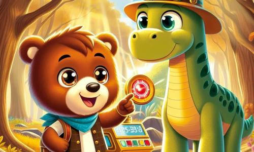 Benny, a cheerful brown bear with shiny fur and sparkling eyes, stands in front of a time machine, his face glowing with excitement and curiosity. He holds a red button in the air, ready for action, with a big smile on his face. Next to him, a friendly Brachiosaurus, with a long neck and green scales, looks at Benny with a warm gaze, its big eyes shining with kindness. The setting is an enchanted forest filled with majestic trees with golden leaves and colorful flowers dancing in the wind. Sunlight filters through the branches, creating a magical and warm atmosphere. In this scene, Benny is about to press the button on the machine, ready to begin his time travel, while the Brachiosaurus encourages him with a smile, illustrating the excitement and friendship that binds them.