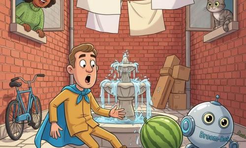 An adult man, Captain Quibble, looks surprised and determined with raised eyebrows and open mouth as he slips on a small yellow rubber duck near a stone fountain; he wears an electric-blue cape, a mustard suit, brown boots with untied laces. A shiny round cleaning robot (Broom-Bot) with chrome surfaces and small brushes rolls behind a green watermelon that’s rolling toward the fountain. An adult neighbor woman with curly hair watches from an open upstairs window, hands on the sill and smiling in a green sweater (left background). A gray cat with a curled tail watches from a right-side windowsill. The setting is a small courtyard paved with light slabs, red brick walls, a central splashing fountain, white laundry on a line, a blue bicycle against a wall, and a leaning stack of boxes. Main scene: comic chaos—watermelon heading for the fountain, hero slipping on the duck, robot chasing the melon, sparkling water droplets, sunny bright colors and a warm playful atmosphere.