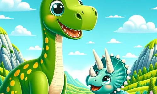 Ein großer Diplodocus namens Dippy, mit grüner Haut und gelben Flecken, steht fröhlich inmitten eines schönen, grünen Tals. Seine großen, glänzenden Augen drücken Freude und Aufregung aus, während er sein neues Zuhause entdeckt. Neben ihm schaut ein kleiner Triceratops mit blauer Haut und weißen Hörnern, der freundlich lächelt, bewundernd zu Dippy. Sie sind umgeben von bunten Blumen und funkelnden Steinen unter einem hellblauen Himmel mit flauschigen Wolken. Die Szene strahlt eine Atmosphäre von Glück und Freundschaft aus, während Dippy und sein Freund ihre neue Umgebung erkunden, bereit zu spielen und Spaß zu haben.