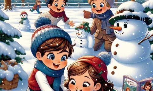 Cuatro amigos están reunidos en un jardín nevado. Tomás, un niño de siete años con cabello castaño y ojos brillantes, lleva una bufanda azul y un gorro rojo. Está moldeando una bola de nieve. A su lado, Lucas, un niño de cabello rubio y mejillas sonrojadas, ríe mientras lanza una bola de nieve a sus amigos. Ana, una niña de cabello largo castaño y gafas redondas, está agachada, concentrada en construir un muñeco de nieve con una zanahoria para la nariz. Finalmente, Mateo, un niño de cabello negro y ojos vivos, se mantiene un poco alejado, sosteniendo un libro de cuentos de invierno, listo para compartir una historia. El jardín es un paisaje mágico, cubierto de una espesa capa de nieve que brilla bajo el sol invernal. Los árboles con ramas cargadas de nieve rodean a los niños, y un gran muñeco de nieve, decorado con una bufanda roja y un sombrero de copa, se erige orgullosamente en el centro. Los niños se divierten juntos creando un muñeco de nieve mientras comparten historias sobre las leyendas del invierno, llenando el aire de risas y magia.