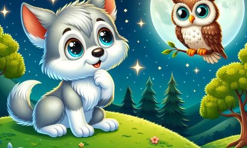 Un pequeño lobo de pelaje suave y plateado, con grandes ojos brillantes de curiosidad, está de pie en una colina verde, mirando la luna brillante en el cielo estrellado. Tiene una expresión maravillada y soñadora en su rostro. A su lado, un búho sabio, con plumas marrones y doradas, está posado en una rama, con una mirada atenta y una leve sonrisa, como si estuviera listo para compartir secretos. El paisaje está lleno de árboles con hojas que brillan bajo la luz de la luna, y un arroyo serpentea abajo, reflejando las estrellas. El pequeño lobo se pregunta qué es la verdadera felicidad, mientras la luna brilla intensamente sobre ellos, creando una atmósfera mágica y pacífica.