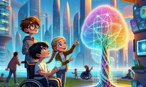 En una ciudad futurista, tres niños están juntos en el centro de un parque tecnológico. Lucas, un chico de 12 años con cabello castaño desordenado y gafas redondas, observa asombrado un árbol holográfico que brilla con mil colores. A su derecha, Ana, una chica de 12 años con trenzas rubias y ojos brillantes, señala una pantalla interactiva que muestra información sobre la calidad del aire. A la izquierda, Tomás, un chico de 12 años en silla de ruedas, con cabello negro y una sonrisa cálida, presenta un pequeño modelo de un dispositivo inspirado en el árbol, que brilla bajo el sol. El parque está lleno de vegetación exuberante y esculturas futuristas, con rascacielos de fondo que brillan a la luz del día. Drones vuelan por encima, entregando paquetes, mientras los niños juegan con robots interactivos. La escena principal muestra a los tres amigos colaborando en su proyecto, uniendo fuerzas para crear una aplicación que ayuda a purificar el aire de su ciudad. La emoción y la creatividad se reflejan en sus rostros mientras imaginan un futuro mejor juntos.