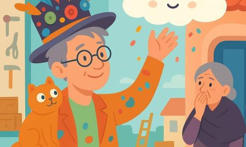 Un inventor sonriente y soñador de unos 50 años, pelo gris alborotado y gafas redondas, con chaqueta colorida manchada de pintura sostiene un gran sombrero multicolor con plumas y botones y lo acerca para rozar una nube; en su hombro izquierdo hay un gato macho naranja y redondo con ojos risueños y expresión sorprendida; a la derecha, una vecina de unos 60 años encorvada con un chal se asoma en la puerta cubriéndose la boca, divertida pero perpleja; detrás, un taller luminoso abierto a una plaza empedrada con herramientas coloridas, cajas y escaleras, incluyendo una gran escalera apoyada hacia el cielo; la escena principal muestra al hombre probando su sombrero para hacer cosquillas a una nube algodonosa que ríe como campanillas mientras caen confeti espumoso, en una ambientación alegre de colores pastel, formas simples y contornos claros pensados para niños pequeños.