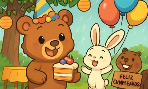 Un oso de peluche llamado Osvaldo, con un suave pelaje marrón y ojos brillantes de alegría, lleva un gran sombrero de fiesta colorido con pompones. Sonríe con entusiasmo, sosteniendo un trozo de pastel decorado con frutas brillantes en una pata. A su lado, una pequeña conejita llamada Lila, con grandes orejas y pelaje blanco, salta de alegría, sus ojos brillando de felicidad, sosteniendo globos coloridos que flotan sobre ella. Un castor llamado Nerón, con una cola ancha y dientes prominentes, sonríe sosteniendo un cartel de madera que dice 