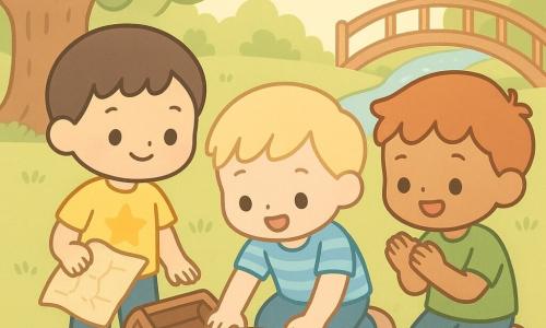 Drie jongens van ongeveer 7 jaar: een bruinharig jongetje met geel t-shirt en ster houdt een verfrommeld papieren kaartje links, een blonde jongen met gestreept blauw t-shirt graaft met zijn handen in het zand voor een klein open houten kistje in het midden, een roodharig jongetje in groen t-shirt klapt en knielt rechts alsof hij net geholpen heeft. Kleiner tuinmet zachte groene gras, grote boom linksachter, boogbrugje rechtsachter over een kabbelend beekje, mos en een stapel bruine bladeren bij het kistje. De kinderen vinden het open kistje tussen wortels en zand vol grote kleurrijke kralen en een vergrootglas, warme zonnestralen door bladeren, vrolijke nieuwsgierige sfeer, levendige pasteltinten, ronde contouren, simpele silhouetten en overdreven blije gezichtsuitdrukkingen, compositie gericht op het kistje en de handen.