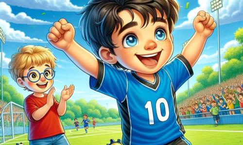 Un giovane ragazzo di nome Marco, di circa 10 anni, è al centro dell'immagine. Ha i capelli castani arruffati, un sorriso splendente e occhi scintillanti di eccitazione. Indossa una maglietta da calcio blu con il numero 10, pantaloni corti neri e scarpe da calcio gialle. Marco sta celebrando un gol, con le braccia alzate verso il cielo, traboccante di gioia e orgoglio. Accanto a lui c'è Luca, un altro ragazzo di 9 anni, con capelli biondi e occhiali rotondi. Sta applaudendo con entusiasmo, gli occhi brillanti di ammirazione per il suo amico. Luca indossa una maglietta rossa e pantaloni corti blu, e si tiene leggermente in disparte, ma il suo sorriso mostra che condivide la gioia di Marco. La scena si svolge su un campo da calcio verde, sotto un cielo blu brillante punteggiato di alcune nuvole bianche. Si possono vedere alberi sullo sfondo e spettatori felici ai lati, che applaudono e incoraggiano i giocatori. La situazione principale mostra Marco che celebra un gol che ha appena segnato, circondato dal suo amico Luca che lo incoraggia. È un momento di felicità e amicizia, che illustra la passione per il calcio e l'importanza dei legami tra amici.