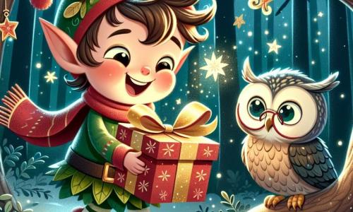 Un piccolo elfo con orecchie a punta, capelli ricci e una tunica verde decorata con foglie, sorride felice tenendo una scatola rossa decorata con un nastro dorato. I suoi occhi brillano di eccitazione mentre si prepara a offrire un regalo. Accanto a lui, un saggio gufo dalle piume grigie e dagli occhi rotondi, con occhiali, guarda con tenerezza. Sembra commosso e felice, seduto su un ramo, pronto a ricevere il regalo dell'elfo. La scena si svolge in una foresta incantata, illuminata da ghirlande di luci scintillanti appese agli alberi, con una soffice neve che copre il suolo e stelle brillanti nel cielo notturno. L'elfo si prepara a offrire il suo regalo di Natale al gufo, creando un momento magico pieno di gioia e amicizia.