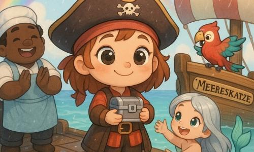 Ronja, eine rundgesichtige Piratin mit großen glänzenden Augen und selbstbewusstem Lächeln, steht freudig erleichtert auf dem nassen, dunklen Holzdeck des kleinen farbigen Schiffes Meereskatze und hält ein silbernes Kästchen an die Brust; neben dem Boot schwimmt die junge Meerjungfrau Mira mit schimmernder türkisfarbener Schwanzflosse und reicht lachend die Hand, links applaudiert der rundliche Matrose Paul mit Kochschürze, Messer aus Plastik und Holzlöffel sichtbar, rechts tanzt der bunte Papagei Otto auf der Reling und blickt auf das Kästchen, im Hintergrund ruhiger Meereshorizont mit gestreifter Segelplane und hellem Regenbogen; übergeben wird eine silberne Schatulle mit einer kleinen leuchtenden Muschel, Stimmung sanft nach dem Sturm, Pastellfarben, freundliche Mienen und funkelnde Resttropfen.