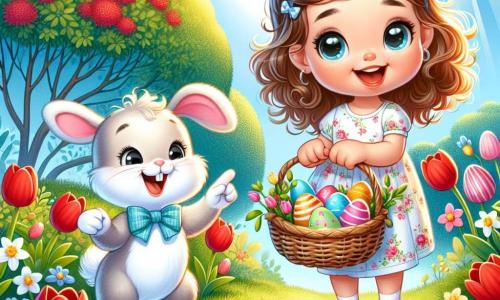 Una niña de 2 años, Lía, con grandes ojos brillantes y cabello rizado castaño, sonríe alegremente mientras sostiene una cesta de mimbre llena de huevos coloridos. Lleva un vestido ligero de flores y sandalias. A su lado, un adorable conejito blanco, el conejo de Pascua, con grandes orejas y un pajarita azul, la anima señalando una planta donde se esconde un huevo. El jardín está en flor, con tulipanes rojos, narcisos amarillos y árboles verdes bajo un cielo azul claro. Los rayos del sol iluminan la escena, creando un ambiente alegre y festivo. Lía y el conejo están en plena búsqueda de huevos de Pascua, buscando con entusiasmo bajo las flores y detrás de los árboles, llenos de emoción y curiosidad.
