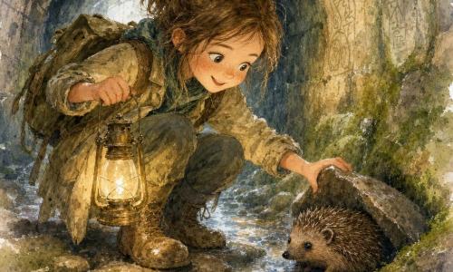 Protagonista este o tânără exploratoare cu fața rotundă și pistrui, păr castaniu prins în coadă, purtând o geacă kaki uzată, cizme murdare și un rucsac de pânză; blândă și concentrată, întinde mâinile delicate spre un arici mic cu țepi maronii umezi și ochi negri curioși, prins între două pietre ude, într-un tunel subteran de piatră acoperit de mușchi, cu pereți gravați, podea pietroasă lucind de umezeală, tavan care picură și un bazin de apă clară; ghemușită pe o piatră alunecoasă, ține o lampă cu ulei ce răspândește o lumină caldă și mută ușor piatra pentru a elibera ariciul, cu apa curgând și reflexii tremurate pe podea.