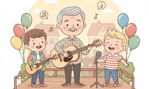 Uśmiechnięty życzliwy mężczyzna Pan Janek z siwymi włosami i cienkim wąsem, w koszuli w kratę z jasną drewnianą gitarą akustyczną, dumnie gra; po lewej chłopiec ok. 9 lat Kacper, krótkie kasztanowe włosy, kolorowa kurtka, trzyma małą dziecięcą gitarę i śpiewa; po prawej chłopiec ok. 8 lat Wojtek, blond włosy na jeża, w pasiastym T‑shircie, trzyma srebrny mikrofon i śmieje się; mała drewniana scena udekorowana girlandami, balonami i banerami, rozmyta publiczność w tle, ciepły zachód słońca nad wiejskimi domami, radosny występ tria przy miękkim oświetleniu, unoszące się ikony nut, świąteczna, wspólnotowa atmosfera.