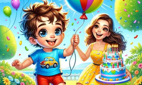 Um menino de 2 anos, chamado João, com cabelos castanhos bagunçados e um sorriso radiante, segura um balão colorido na mão. Ele veste uma camiseta azul com desenhos de carros e um short vermelho, pulando de alegria na grama verde, com os olhos brilhando de excitação. Ao lado dele, sua mãe, uma mulher sorridente de cerca de 30 anos, com cabelos longos e cacheados, usa um vestido amarelo ensolarado. Ela o incentiva com os braços abertos, cheia de ternura. Um pouco mais longe, seu pai, um homem de aproximadamente 35 anos, com barba curta e óculos, usa um chapéu divertido. Ele segura um grande bolo de aniversário decorado com velas coloridas, pronto para compartilhar com João. O cenário é um jardim iluminado, repleto de flores coloridas, árvores verdes e um céu azul claro com algumas nuvens brancas fofas. A cena principal mostra João, cercado pela família, celebrando seu aniversário com um grande sorriso, pronto para soprar as velas do bolo, enquanto seu balão sobe suavemente no céu.
